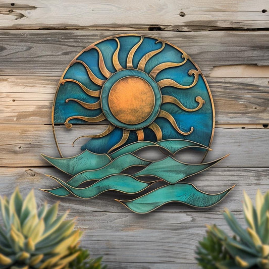 Coastal Sunset Metal Wall Art, Ocean Sunburst Sign, Beach House Decor, UV Printed Aluminum