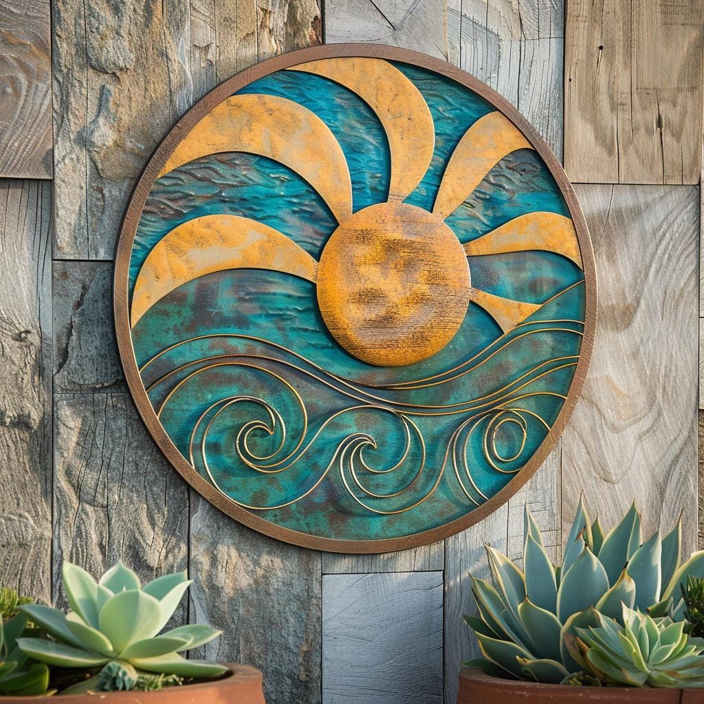 Coastal Sunset Metal Wall Art, Ocean Sunburst Sign, Beach House Decor, UV Printed Aluminum