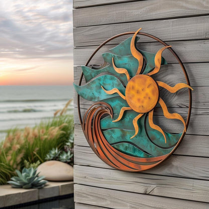 Coastal Sunset Metal Wall Art, Ocean Sunburst Sign, Beach House Decor, UV Printed Aluminum