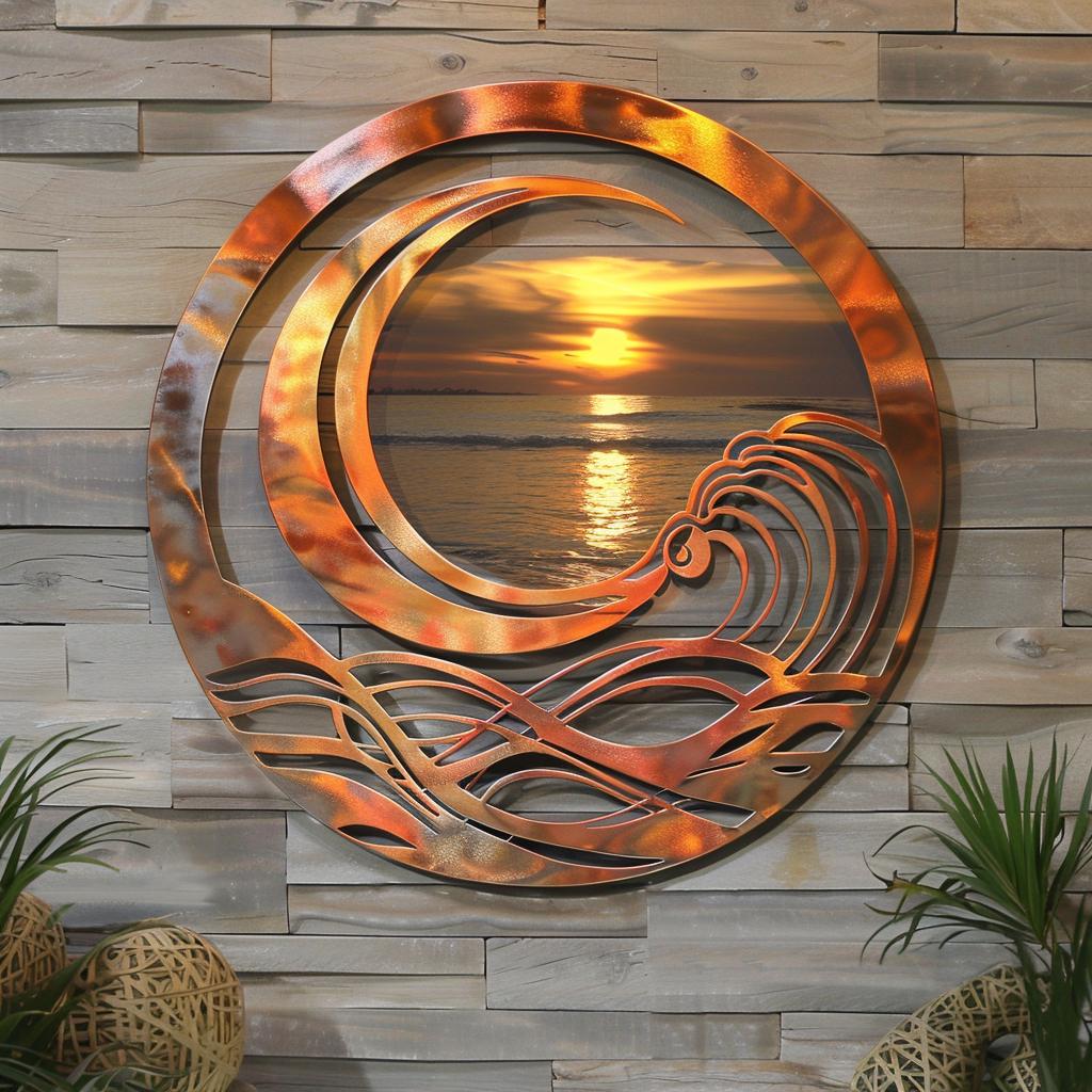 Coastal Sunset Metal Wall Art, Ocean Sunburst Sign, Beach House Decor, UV Printed Aluminum