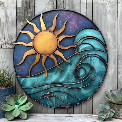 Coastal Sunset Metal Wall Art, Ocean Sunburst Sign, Beach House Decor, UV Printed Aluminum