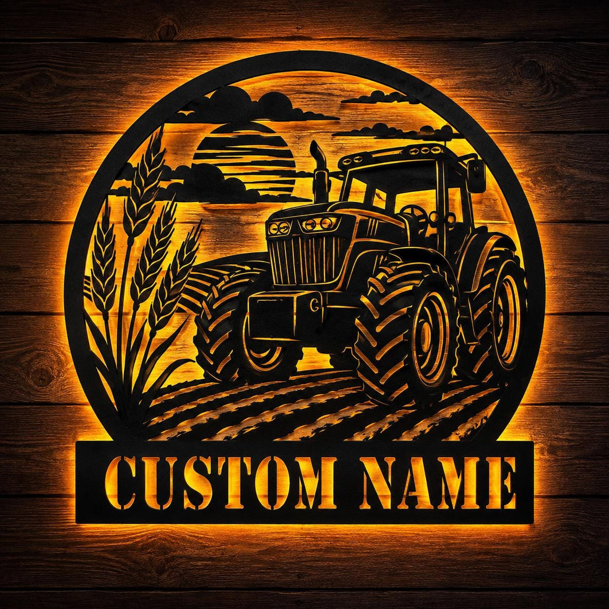 Personalized Tractor LED Metal Sign, Custom Name Farm Wall Art With Wheat Field And Sunset, Farmer Gift