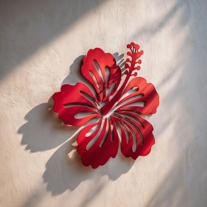 Red Hibiscus Metal Wall Art, Tropical Flower Decor, UV Printed Aluminum Patio Hanging