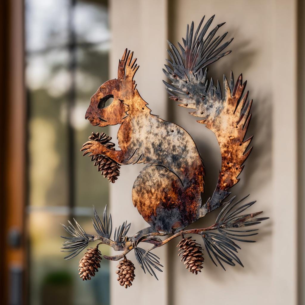 UV Printed Aluminum Squirrel Wall Art, Rustic Woodland Patio Decor