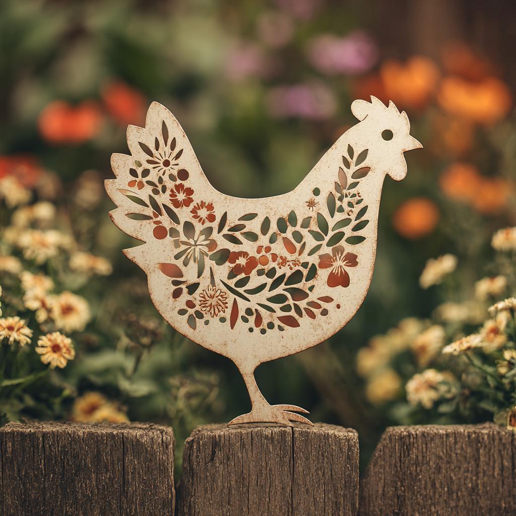 Floral Chicken Metal Wall Art, Rustic Farmhouse Hen Decor, UV Printed Aluminum Hanging