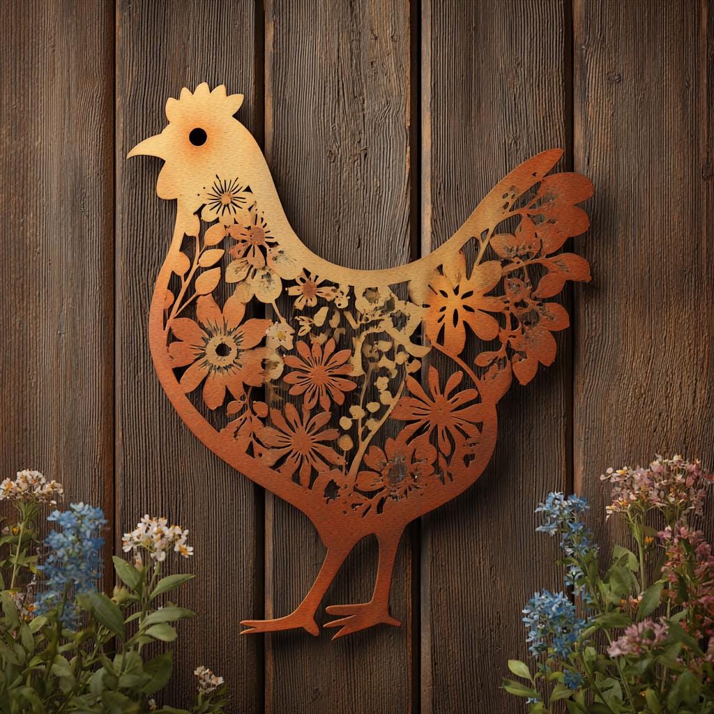 Floral Chicken Metal Wall Art, Rustic Farmhouse Hen Decor, UV Printed Aluminum Hanging