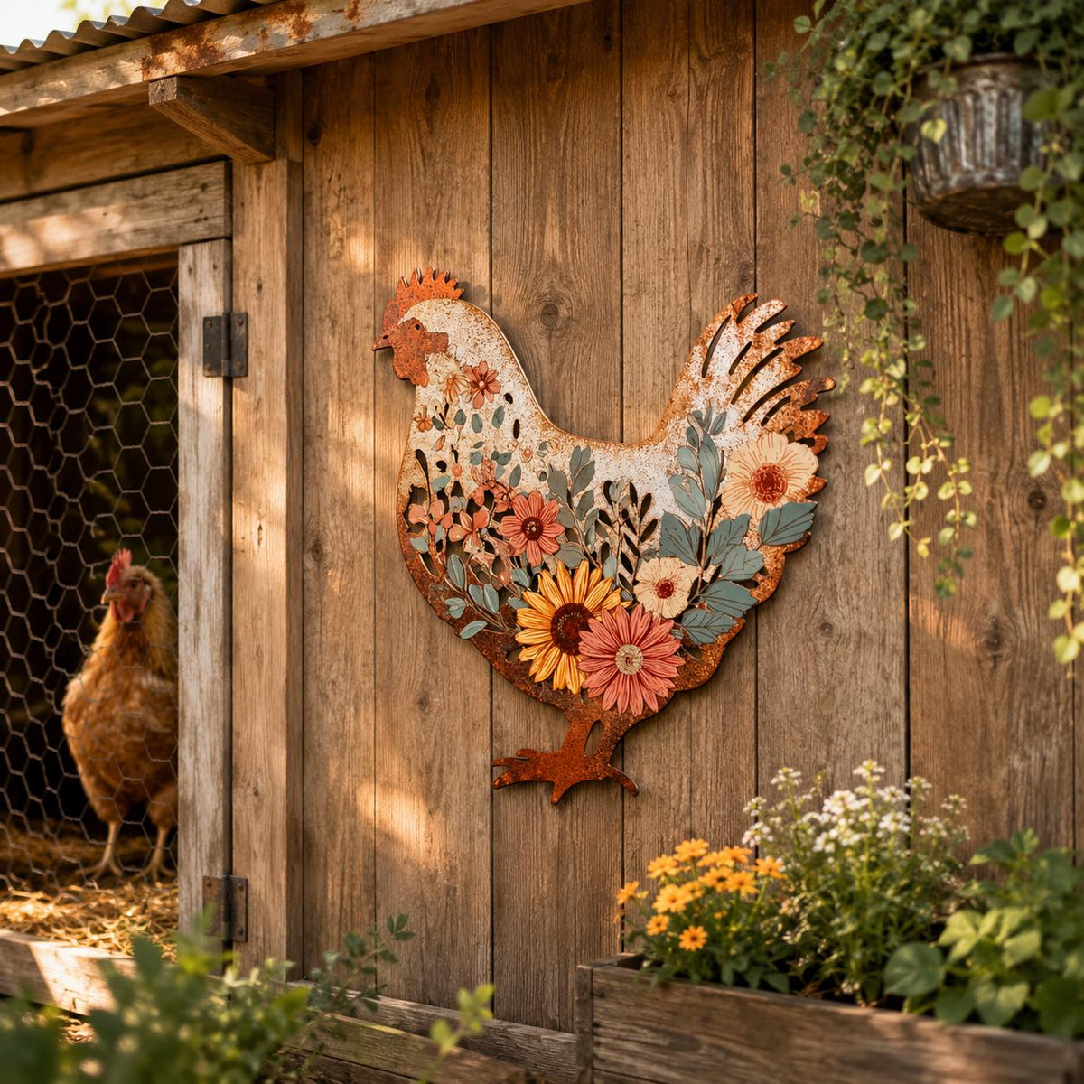 Floral Chicken Metal Wall Art, Rustic Farmhouse Hen Decor, UV Printed Aluminum Hanging