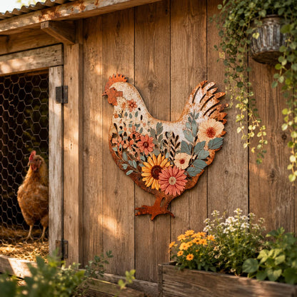 Floral Chicken Metal Wall Art, Rustic Farmhouse Hen Decor, UV Printed Aluminum Hanging