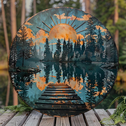 UV Printed Aluminum Metal Wall Art, Lake Dock Sunburst, Mountain Cabin Decor