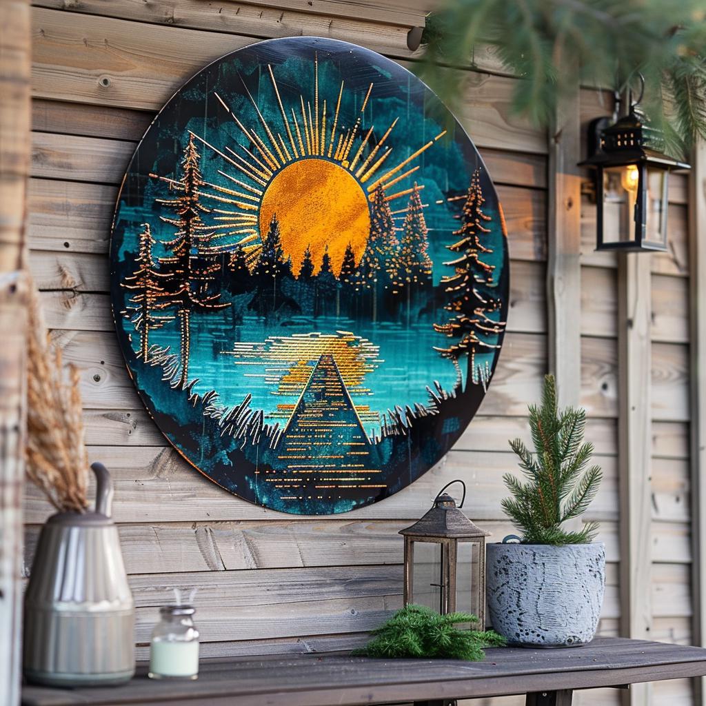 UV Printed Aluminum Metal Wall Art, Lake Dock Sunburst, Mountain Cabin Decor