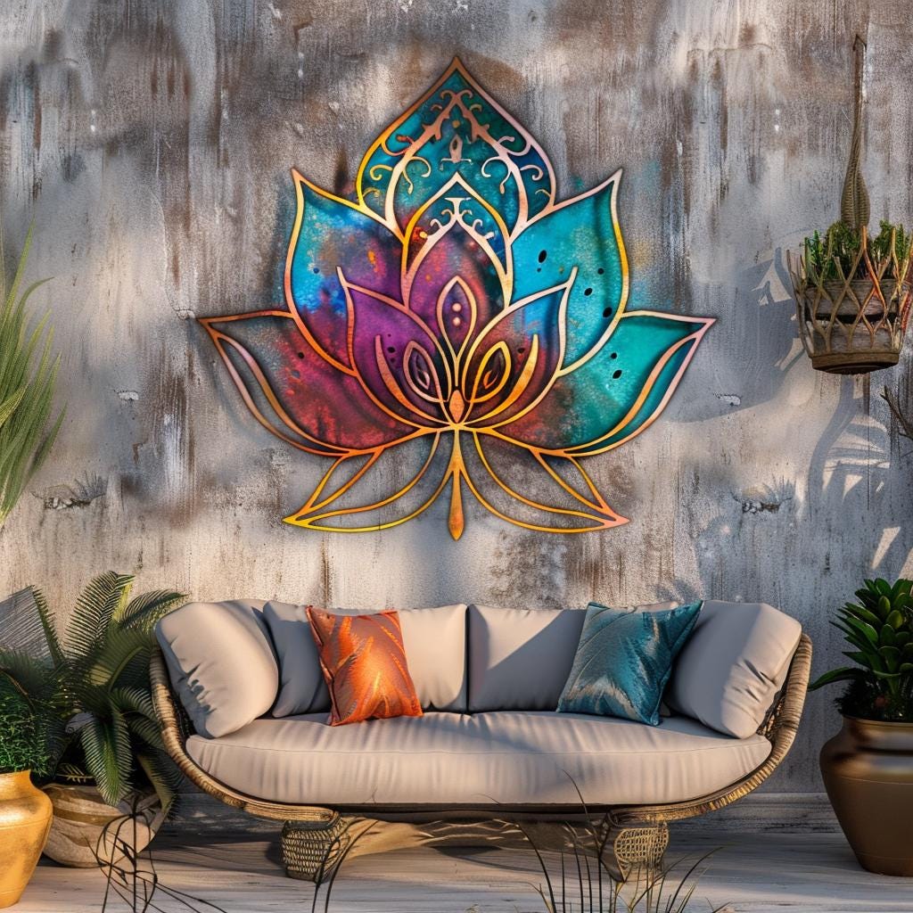 Lotus Sunburst Metal Wall Art, Colorful Mandala Spiritual Decor, UV Printed Aluminum Sign