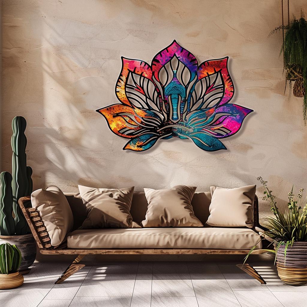 Lotus Sunburst Metal Wall Art, Colorful Mandala Spiritual Decor, UV Printed Aluminum Sign