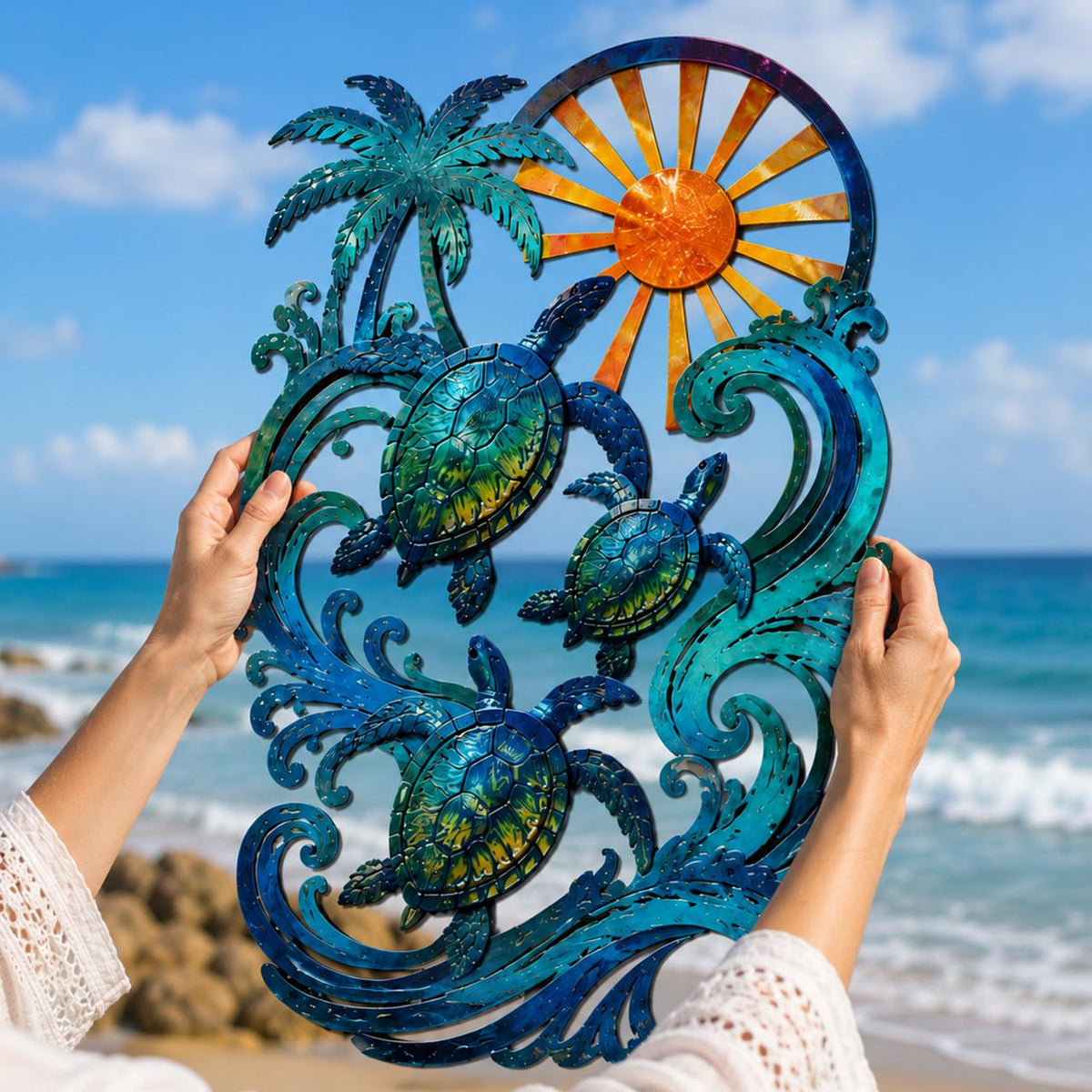 Coastal Sea Turtle Metal Wall Art, UV Printed Aluminum Ocean Decor