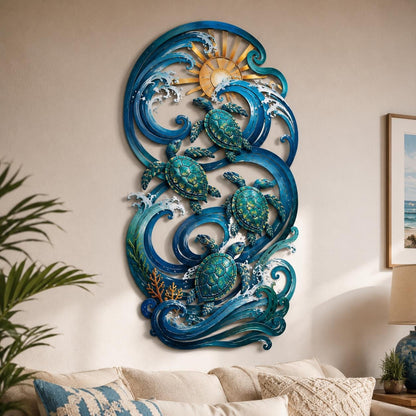 Coastal Sea Turtle Metal Wall Art, UV Printed Aluminum Ocean Decor