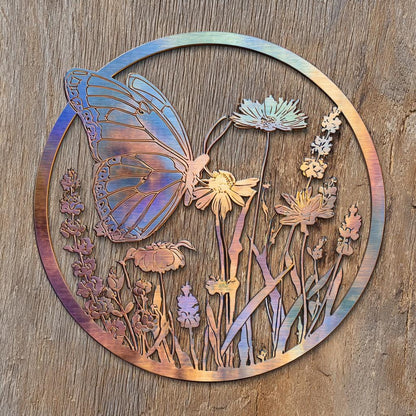 Butterfly Wildflower Metal Wall Art, UV Printed Aluminum Garden Decor