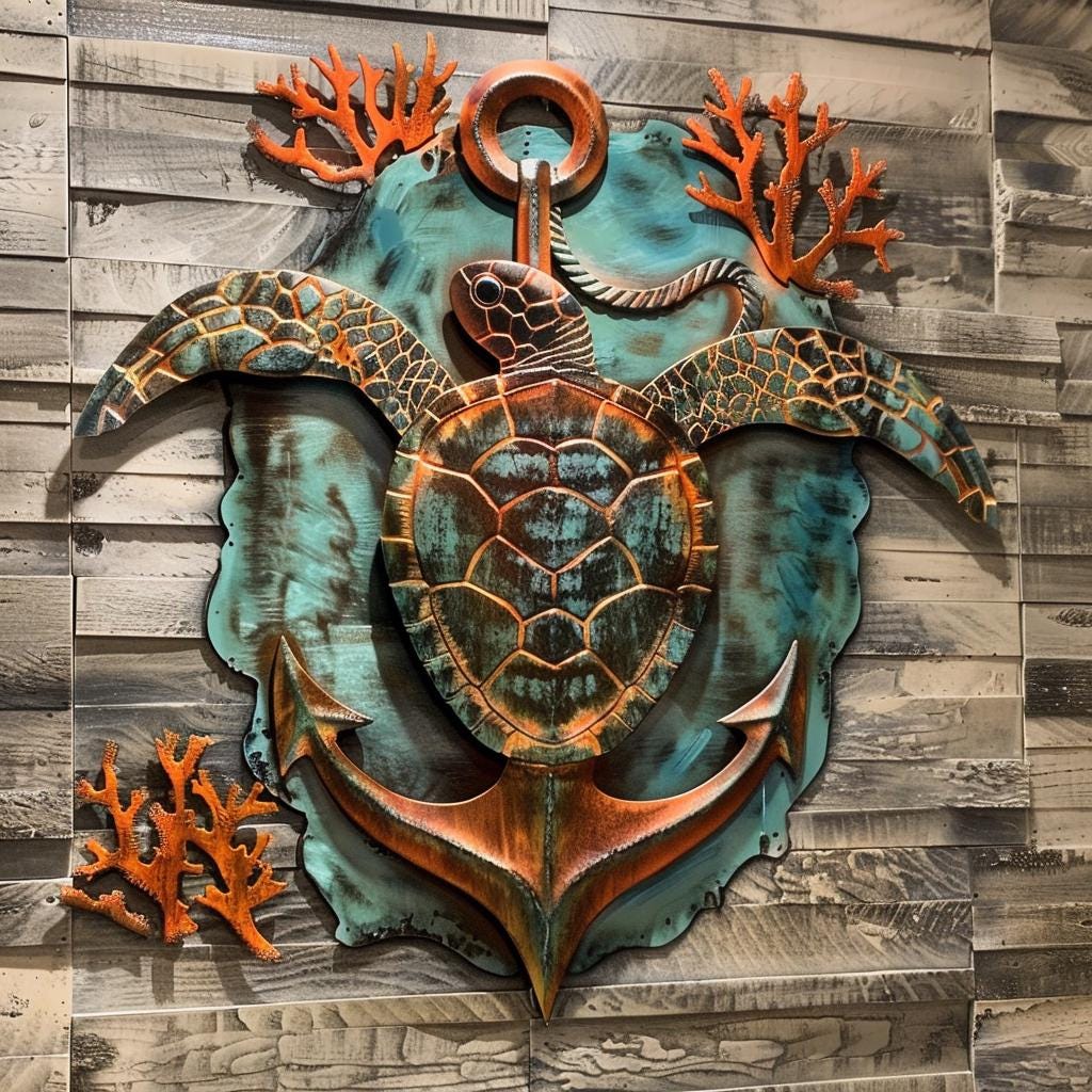 UV Printed Aluminum Sea Turtle Anchor Wall Art, Coastal Beach House Decor
