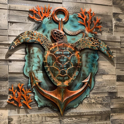 UV Printed Aluminum Sea Turtle Anchor Wall Art, Coastal Beach House Decor