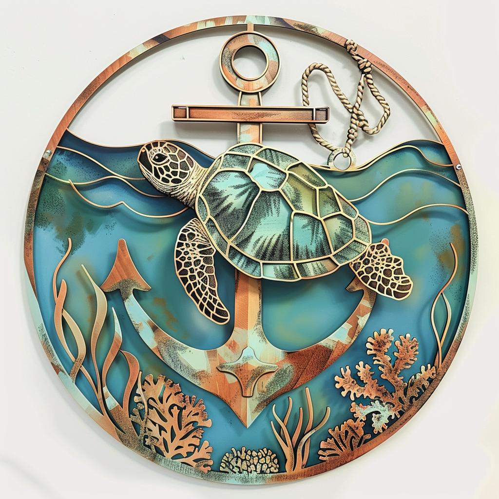 UV Printed Aluminum Sea Turtle Anchor Wall Art, Coastal Beach House Decor