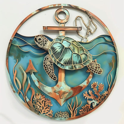 UV Printed Aluminum Sea Turtle Anchor Wall Art, Coastal Beach House Decor