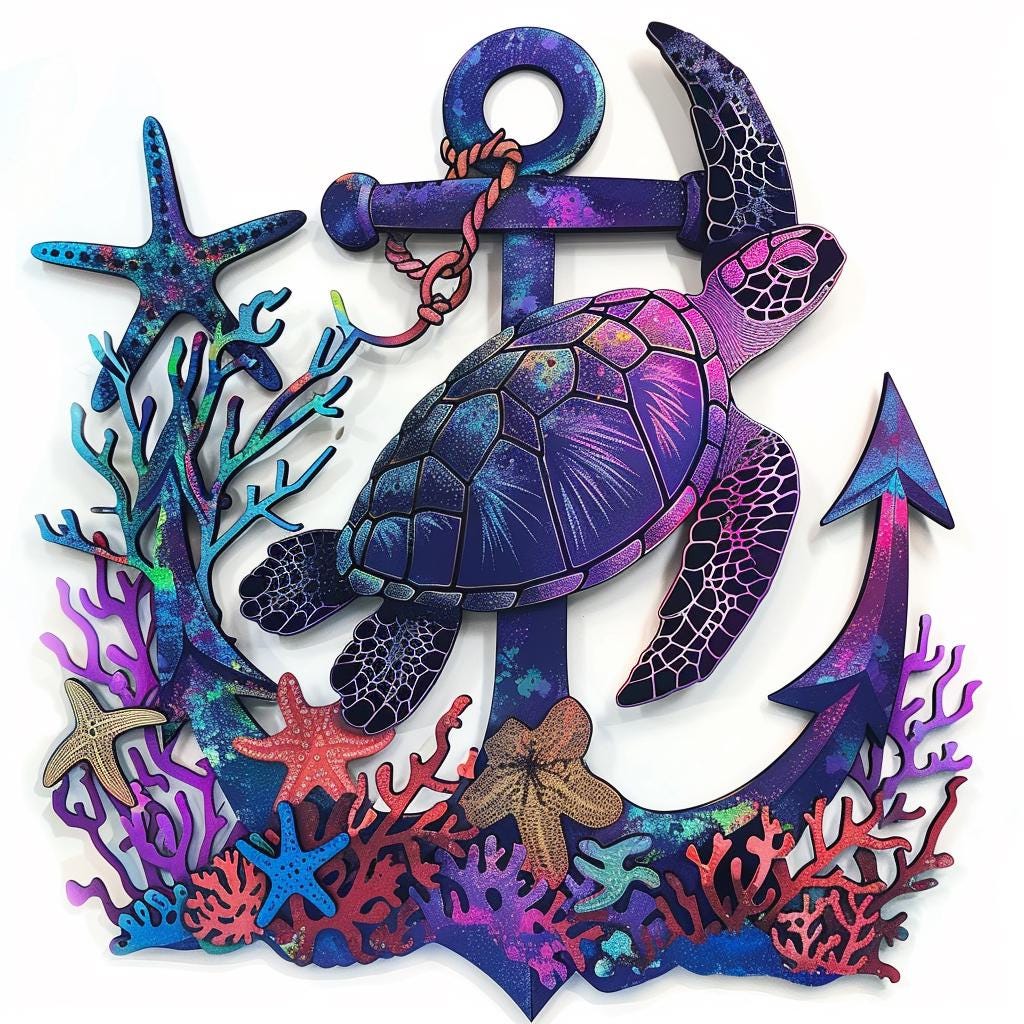 UV Printed Aluminum Sea Turtle Anchor Wall Art, Coastal Beach House Decor