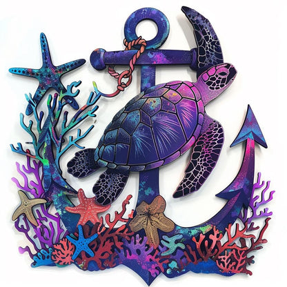 UV Printed Aluminum Sea Turtle Anchor Wall Art, Coastal Beach House Decor