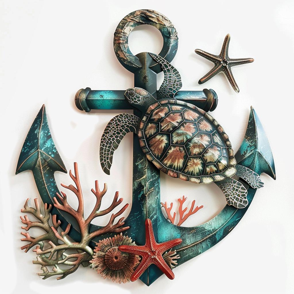 UV Printed Aluminum Sea Turtle Anchor Wall Art, Coastal Beach House Decor