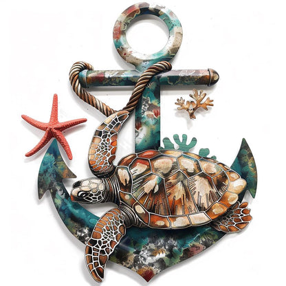 UV Printed Aluminum Sea Turtle Anchor Wall Art, Coastal Beach House Decor
