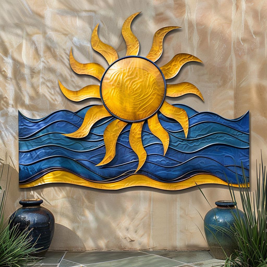 UV Printed Aluminum Sunburst Wave Metal Wall Art, Coastal Ocean, Beach House Patio Sign
