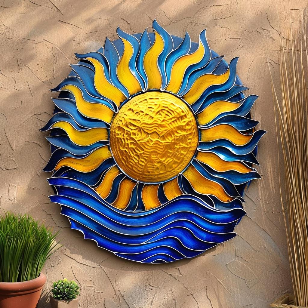 UV Printed Aluminum Sunburst Wave Metal Wall Art, Coastal Ocean, Beach House Patio Sign