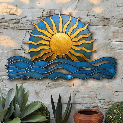 UV Printed Aluminum Sunburst Wave Metal Wall Art, Coastal Ocean, Beach House Patio Sign