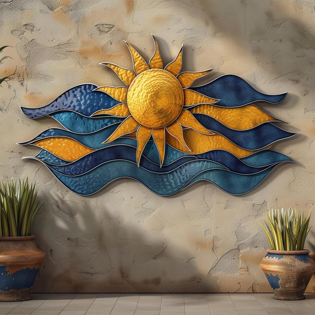 UV Printed Aluminum Sunburst Wave Metal Wall Art, Coastal Ocean, Beach House Patio Sign