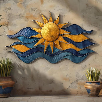 UV Printed Aluminum Sunburst Wave Metal Wall Art, Coastal Ocean, Beach House Patio Sign