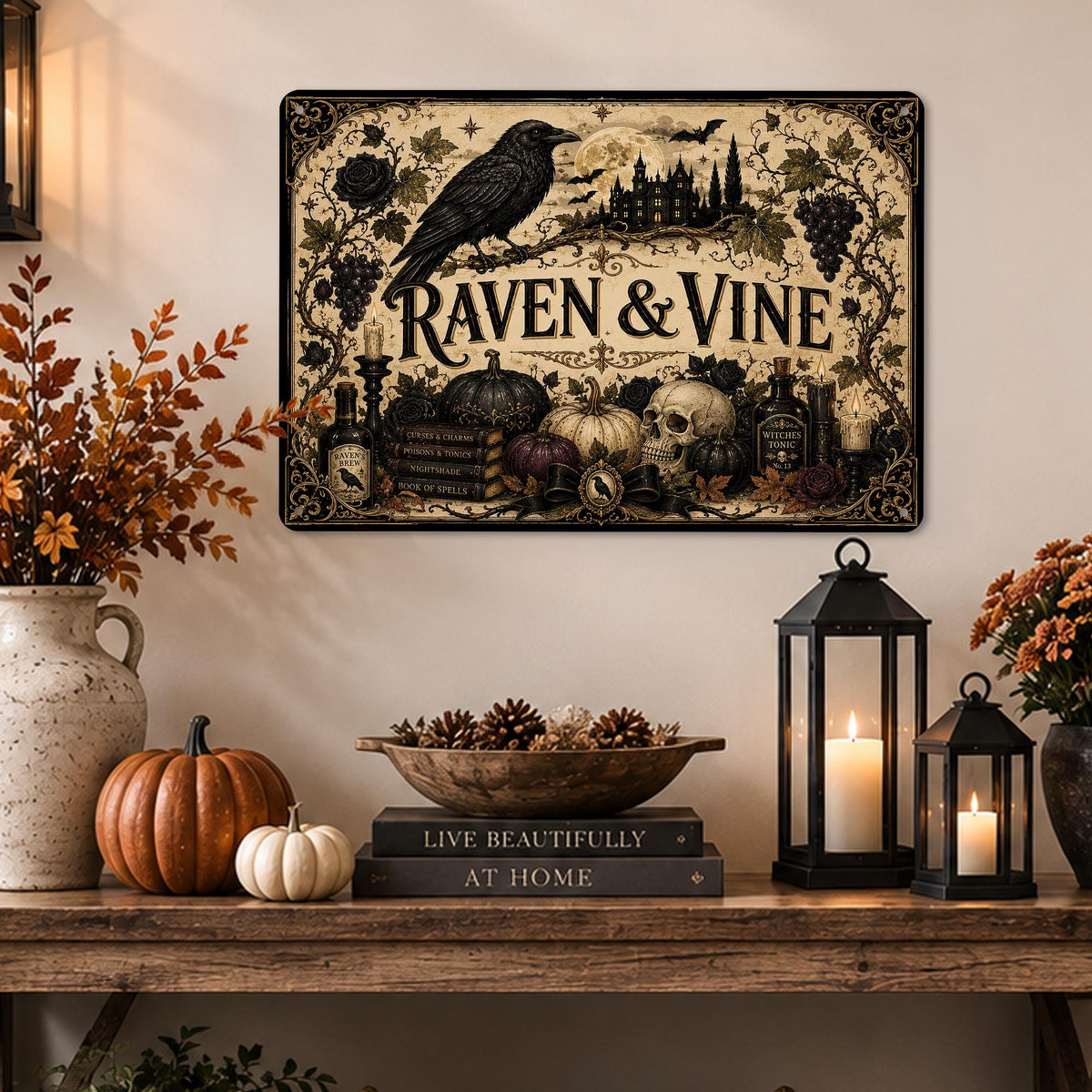 Raven and Vine Gothic Halloween Metal Sign, Gothic Halloween, Raven Wall Decor, Halloween Sign, Gothic Home Decor, Spooky Wall Art