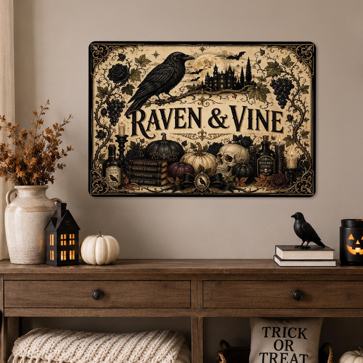 Raven and Vine Gothic Halloween Metal Sign, Gothic Halloween, Raven Wall Decor, Halloween Sign, Gothic Home Decor, Spooky Wall Art