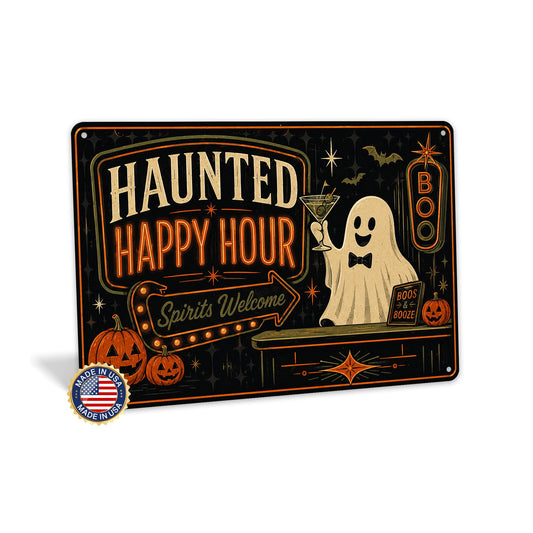 Haunted Happy Hour Ghost Metal Sign, Happy Hour Sign, Halloween Decor, Vintage Halloween, Ghost Bar Sign, Ghost Wall Decor, Spooky Bar