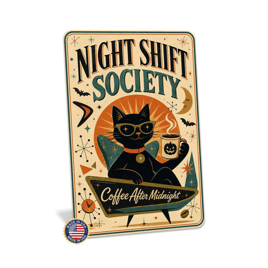 Night Shift Society Black Cat Coffee Metal Sign, Black Cat Decor, Halloween Decor, Vintage Halloween, Spooky Decor, Haunted Home, Cat Cafe