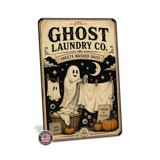 Ghost Laundry Co Sheets Washed Daily Metal Sign, Ghost Decor, Halloween Decor, Vintage Halloween, Laundry Sign, Cute Ghost, Spooky Decor