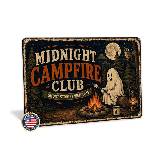 Midnight Campfire Club Metal Sign, Ghost Stories, Halloween Decor, Ghost Wall Art, Vintage Halloween, Cute Halloween, Spooky Season, Ghosts
