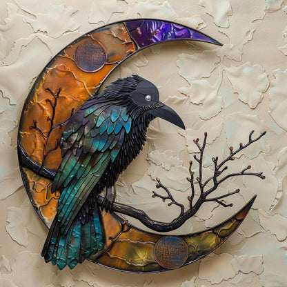 Crescent Moon Raven Metal Wall Art, UV Printed Aluminum, Celestial Gothic Decor