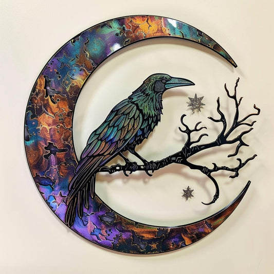 Crescent Moon Raven Metal Wall Art, UV Printed Aluminum, Celestial Gothic Decor