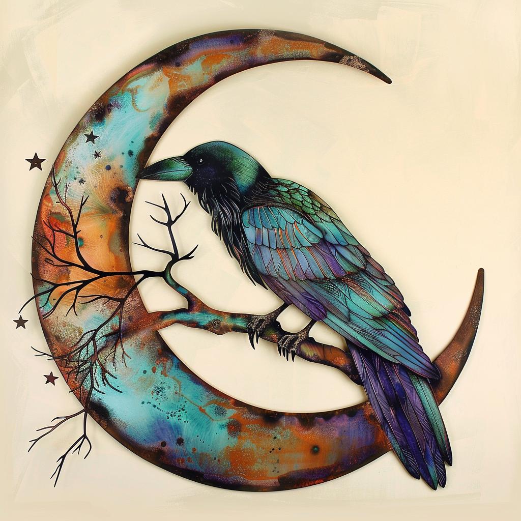 Crescent Moon Raven Metal Wall Art, UV Printed Aluminum, Celestial Gothic Decor