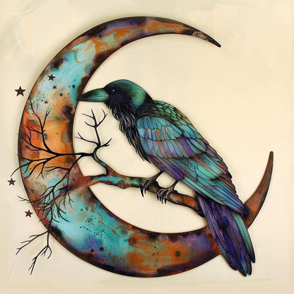 Crescent Moon Raven Metal Wall Art, UV Printed Aluminum, Celestial Gothic Decor