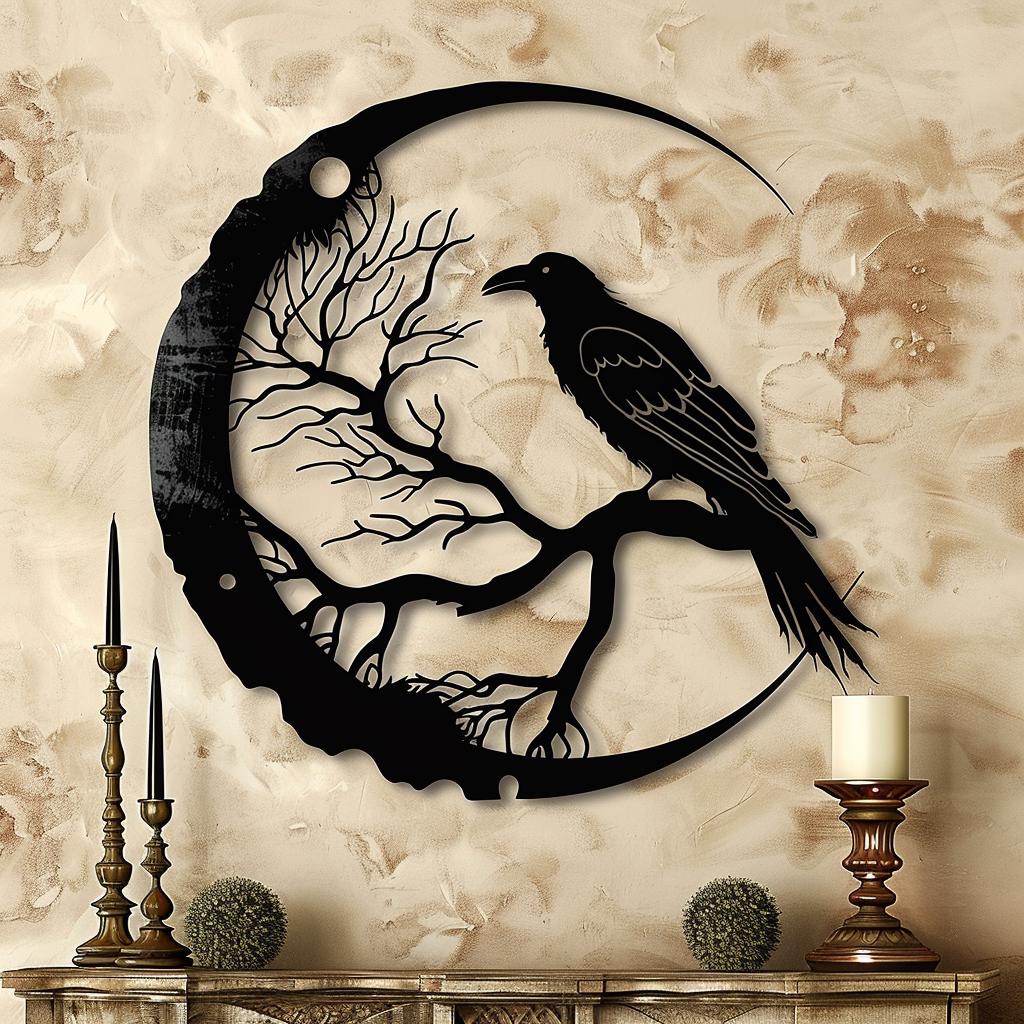 Crescent Moon Raven Metal Wall Art, UV Printed Aluminum, Celestial Gothic Decor
