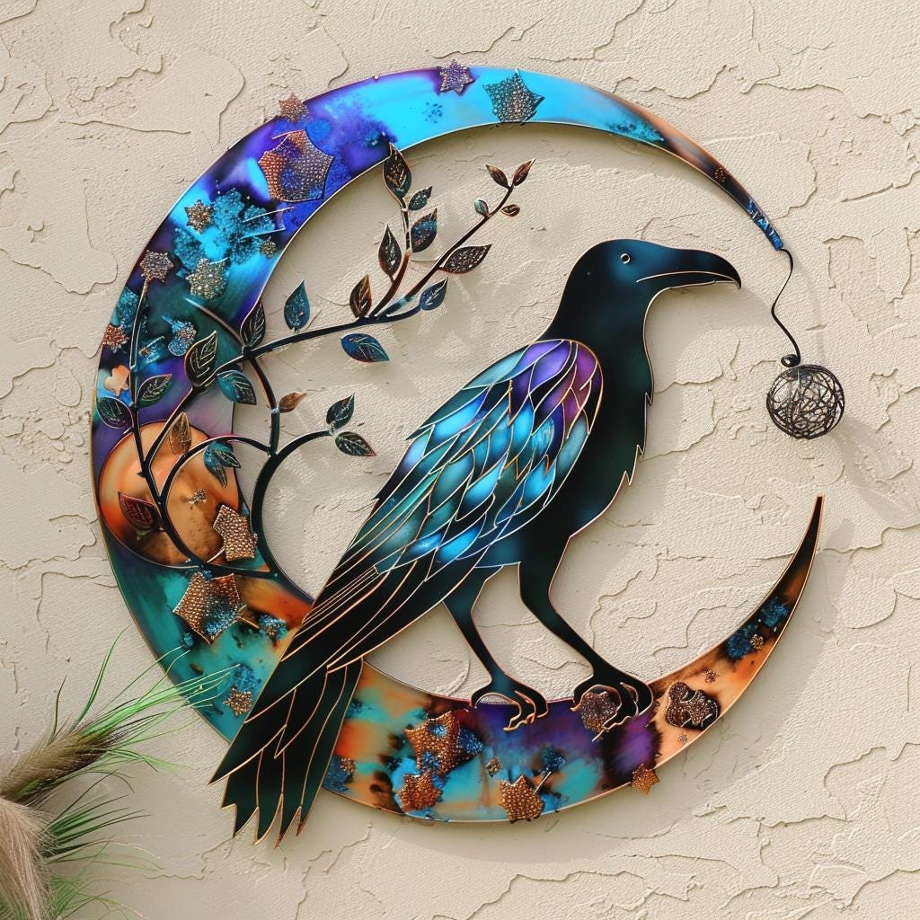 Crescent Moon Raven Metal Wall Art, UV Printed Aluminum, Celestial Gothic Decor