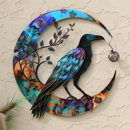 Crescent Moon Raven Metal Wall Art, UV Printed Aluminum, Celestial Gothic Decor