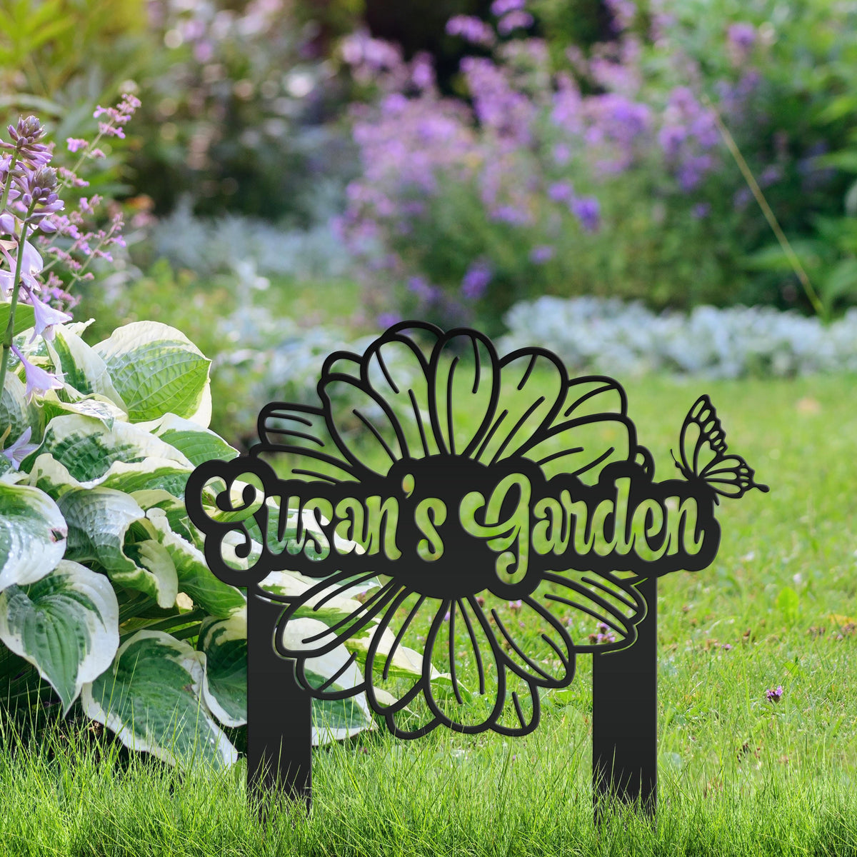 Custom Flower Yard Stake with Name- Personalized Flower and Butterfly Sign