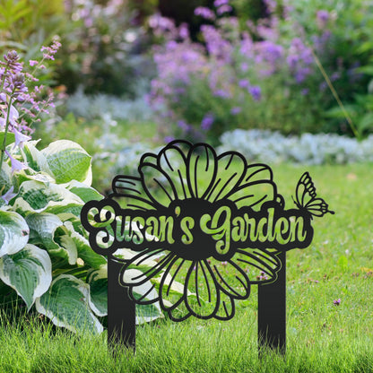 Custom Flower Yard Stake with Name- Personalized Flower and Butterfly Sign