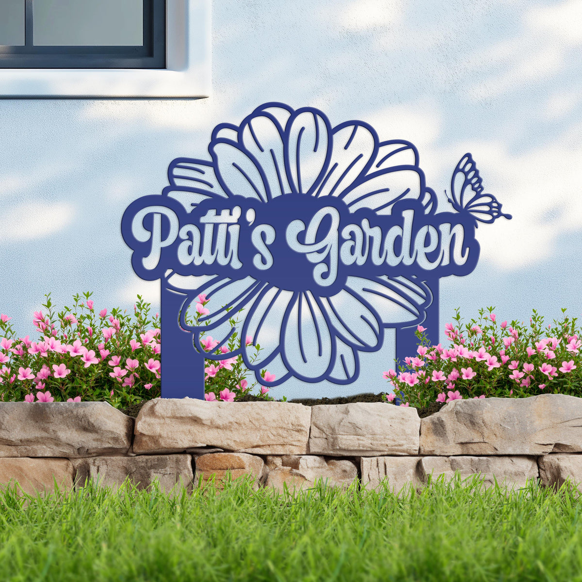 Custom Flower Yard Stake with Name- Personalized Flower and Butterfly Sign