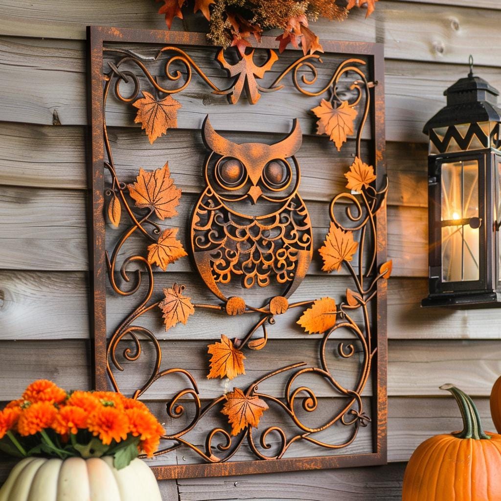 UV Printed Aluminum Owl Metal Wall Art, Rustic Woodland Botanical Decor