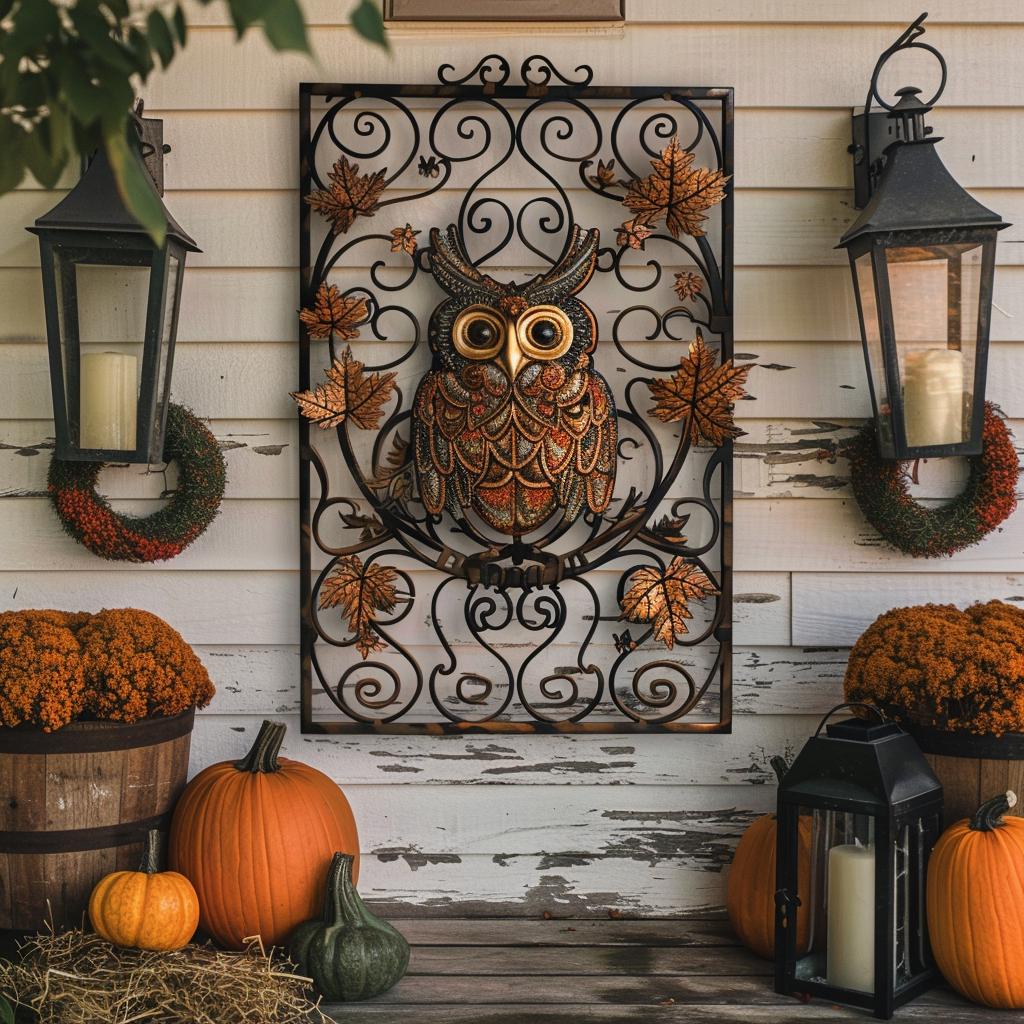 UV Printed Aluminum Owl Metal Wall Art, Rustic Woodland Botanical Decor